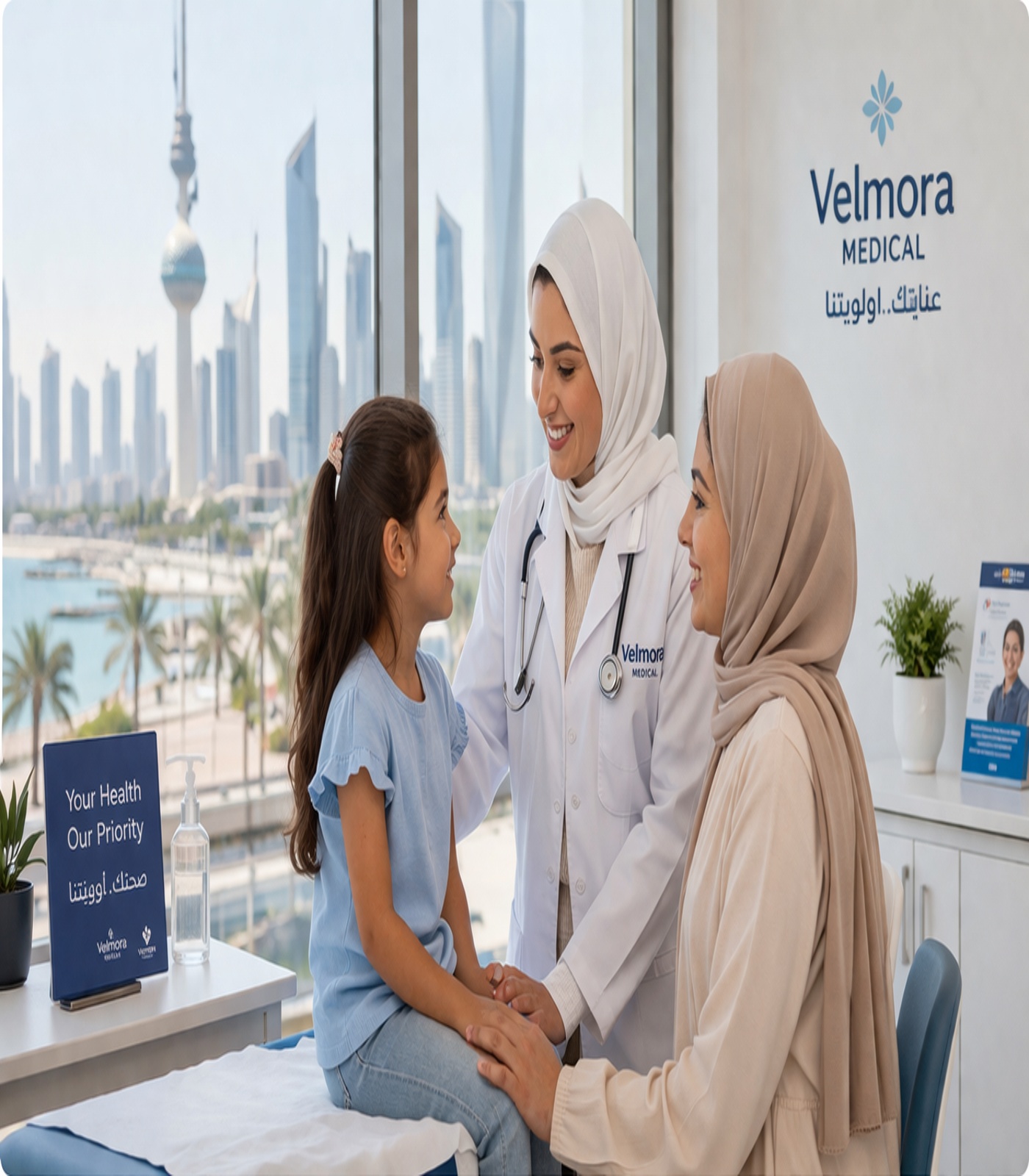Doctor assisting a family in a modern clinic